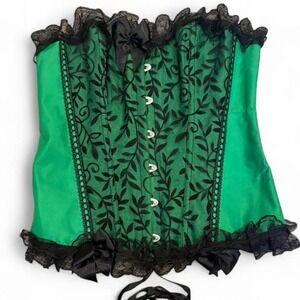 Gothic Green Corset Black Lace Ribbon Alt Vintage Vibes Dark Romance Victorian